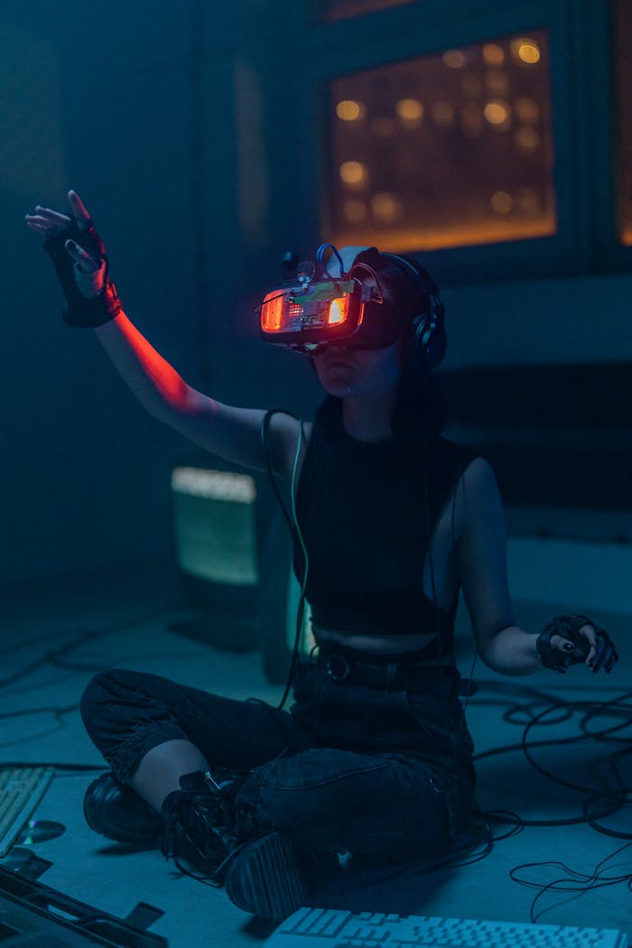A woman wearing VR headset and gloves explores a virtual environment at night indoors.